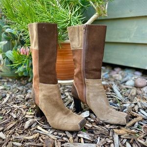 Chocolate, caramel & camel high heeled vintage. Square toe, side zipper.